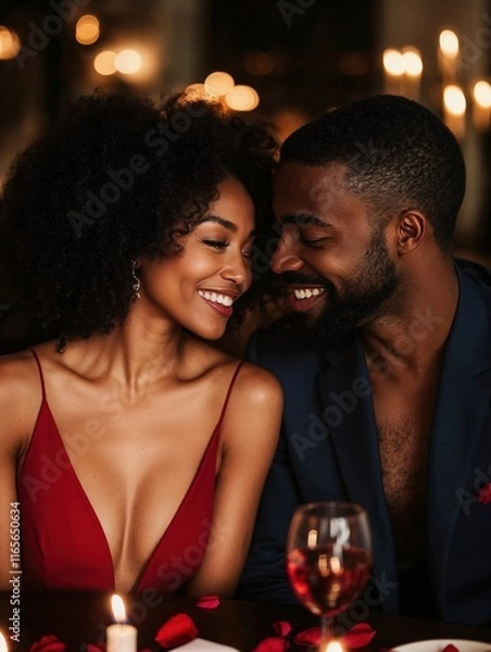 Obraz A man and a woman are sitting at a table with a glass of wine in front of them. Valentines Day