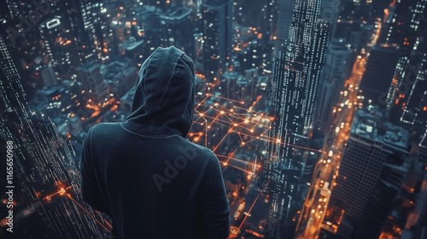 Fototapeta Hacker are planning to hack and attack networks and cyber security systems. Smart Innovation city with connection future wireless digital city and social media networking over the  cityscape.	