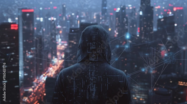 Fototapeta Hacker are planning to hack and attack networks and cyber security systems. Smart Innovation city with connection future wireless digital city and social media networking over the  cityscape.	