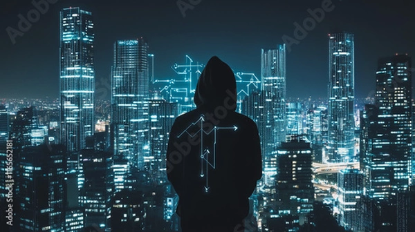 Fototapeta Hacker are planning to hack and attack networks and cyber security systems. Smart Innovation city with connection ffuture wireless digital city and social media networking over the sunset cityscape.	
