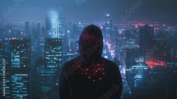 Fototapeta Hacker are planning to hack and attack networks and cyber security systems. Smart Innovation city with connection ffuture wireless digital city and social media networking over the sunset cityscape.	