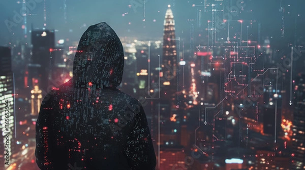 Fototapeta Hacker are planning to hack and attack networks and cyber security systems. Smart Innovation city with connection ffuture wireless digital city and social media networking over the sunset cityscape.	