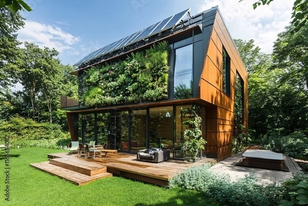 Obraz Modern Eco-Friendly Home with Solar Panels and Vertical Garden0