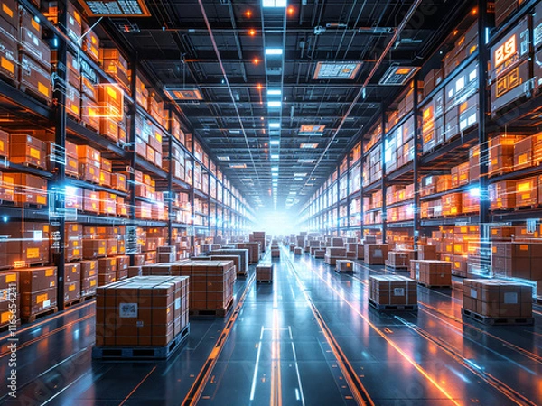 Fototapeta Futuristic warehouse with automated robots and glowing blue lights managing inventory on tall shelves.