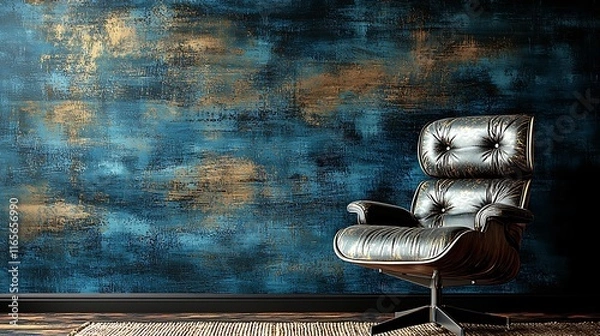 Fototapeta Stylish black leather armchair against a textured teal and gold wall.