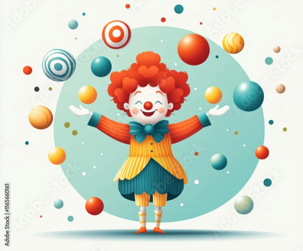 Fototapeta A cheerful clown with curly red hair juggles colorful balls against a light backdrop, exuding joy and playfulness.