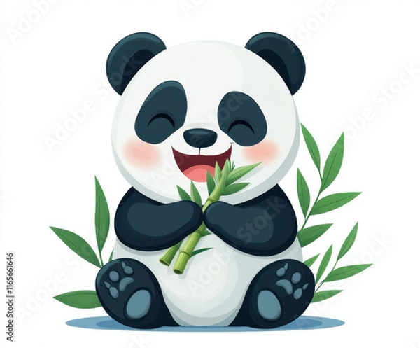 Obraz A cheerful cartoon panda joyfully munching on bamboo amidst green leaves, radiating cuteness and playfulness.