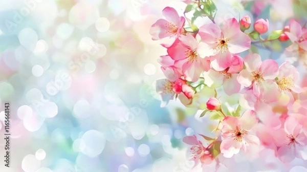 Fototapeta Delicate Pink Blossom Spring Branches, Soft Bokeh Background, Copy Space