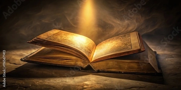 Fototapeta An Open Old Book Illuminated by a Beam of Light, Casting a Golden Glow on the Dusty Pages
