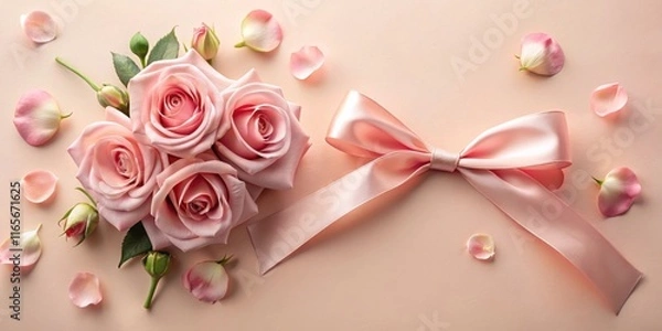 Obraz A Delicate Arrangement of Pink Roses and a Satin Bow on a Soft Blush Background