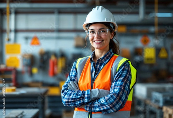 Fototapeta Professional female construction worker smiling confidently in industrial workspace during daytime, showcasing teamwork and dedication to safety and construction excellence