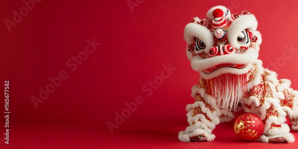 Fototapeta cute lion dance with minimalist design and blank red background. lot of empty space for copy space, chinese new year celebration