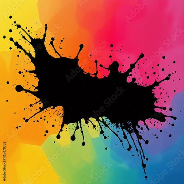 Fototapeta A black ink or paint splatter with irregular edges and small droplets scattered around it, isolated on a colorful background.