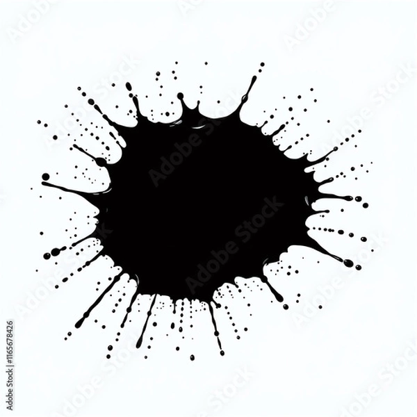 Fototapeta A black ink or paint splatter with irregular edges and small droplets scattered around it, isolated on a white background.