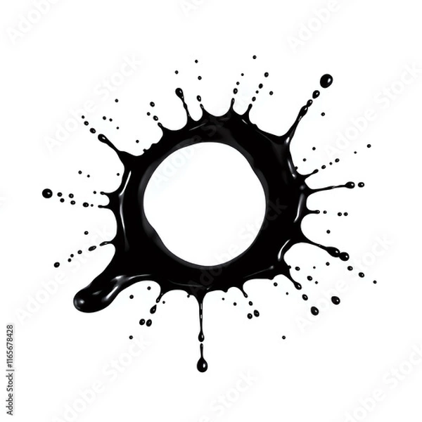 Fototapeta A black ink or paint splatter with irregular edges and small droplets scattered around it, isolated on a white background.