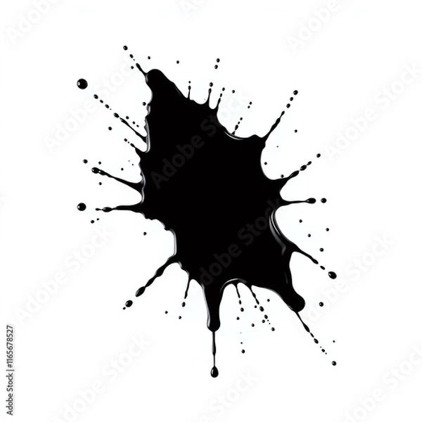 Fototapeta A black ink or paint splatter with irregular edges and small droplets scattered around it, isolated on a white background.