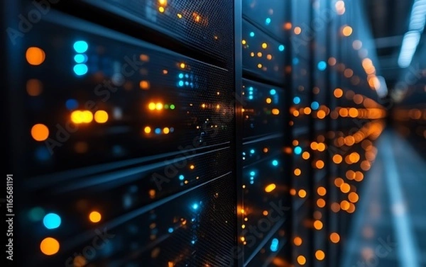 Fototapeta Illuminated server racks in a modern data center. (4)