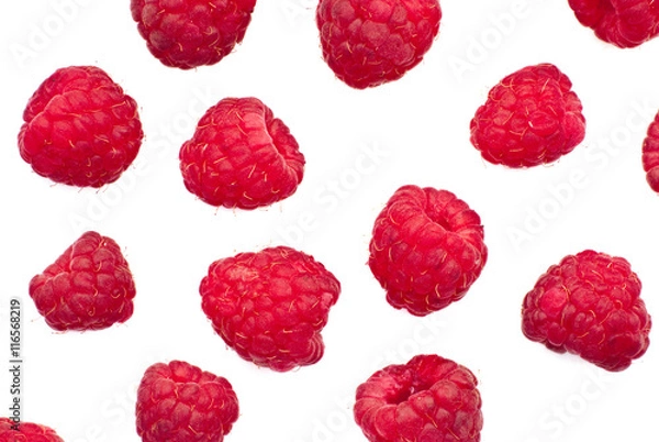 Obraz Isolated juicy raspberries on a white background