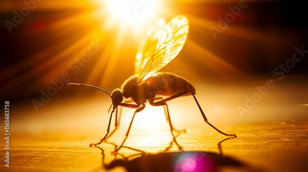 Obraz A dynamic insect in motion, bathed in a warm golden glow with bright lens flares.  Blurred lines, action poses, light streaks, and vibrant colors create a radiant and luxurious effect
