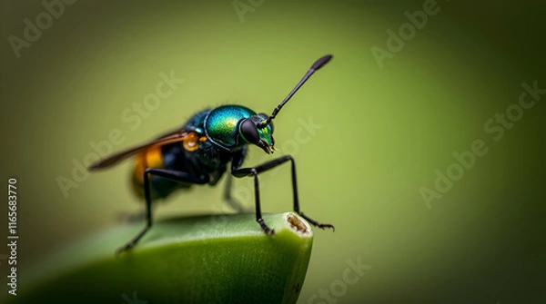 Fototapeta A sharply focused insect with vibrant, complementary colors against a soft, blurred bokeh background. Balanced tones enhance the contrast