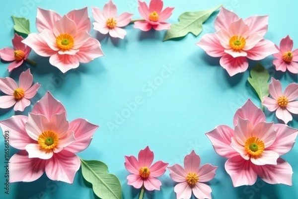 Fototapeta delicate handmade paper flowers on light blue background with empty space in center, flower decor, light blue