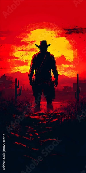 Fototapeta Silhouetted cowboy at sunset in the Wild West.