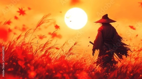 Fototapeta Silhouette of a samurai at sunset in a field of tall grass.