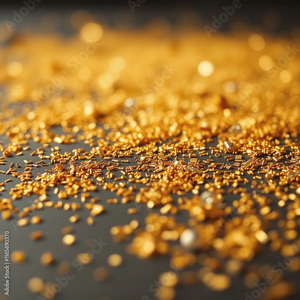 Fototapeta A shower of golden glitter and bokeh lights falling onto a surface covered in golden glitter, creating a festive and luxurious atmosphere against a dark background