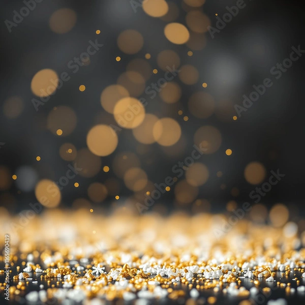 Fototapeta A shower of golden glitter and bokeh lights falling onto a surface covered in golden glitter, creating a festive and luxurious atmosphere against a dark background