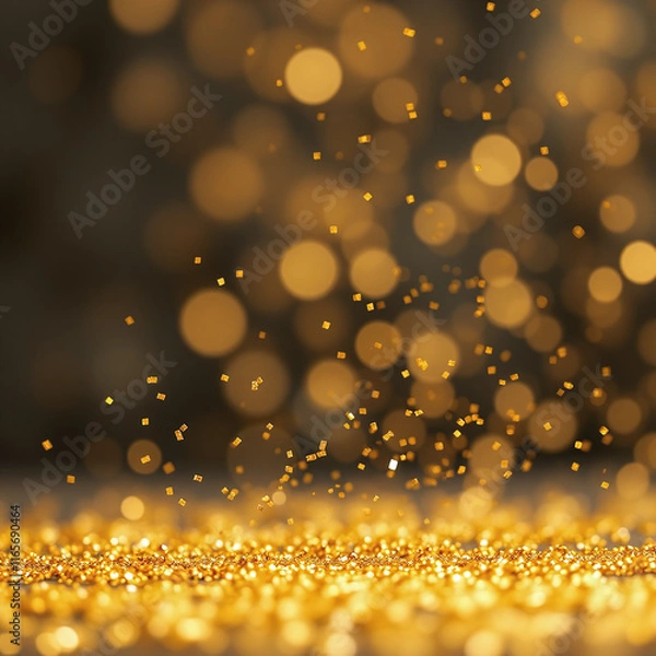 Fototapeta A shower of golden glitter and bokeh lights falling onto a surface covered in golden glitter, creating a festive and luxurious atmosphere against a dark background