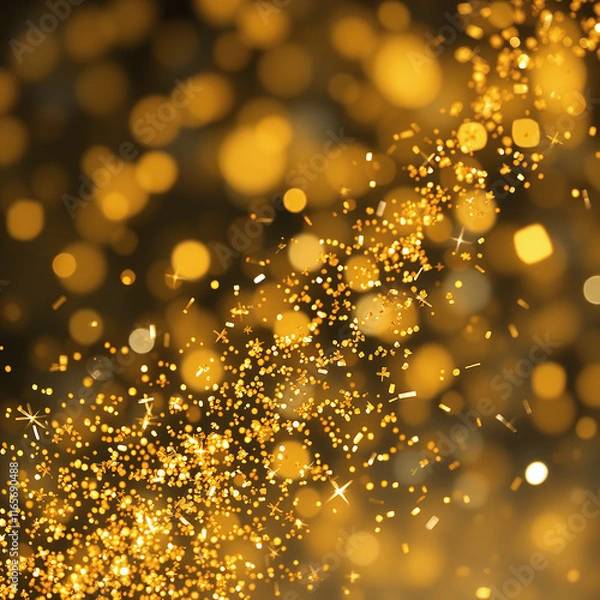 Fototapeta A shower of golden glitter and bokeh lights falling onto a surface covered in golden glitter, creating a festive and luxurious atmosphere against a dark background