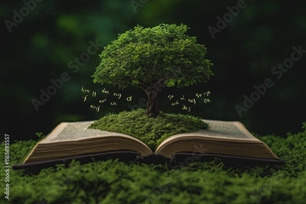 Obraz A tree growing from an open book, its branches forming sentences in the air