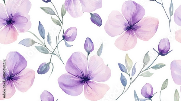 Fototapeta Gentle mauve watercolor flowers with delicate leaves on white background