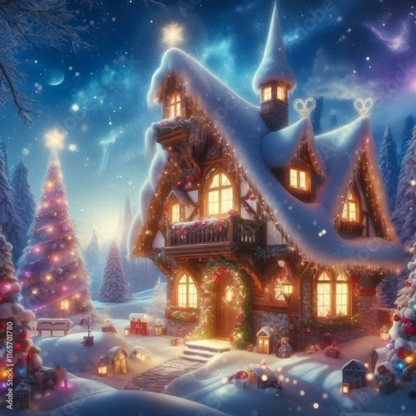 Fototapeta Fantasy Christmas House with Christmas Trees in a Snowing Forest under the Starry Night