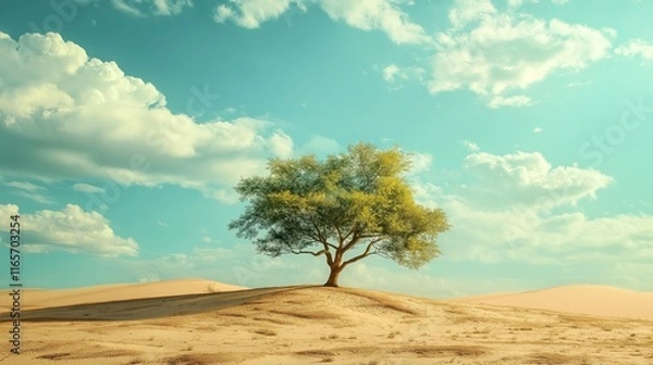 Fototapeta A lone tree stands in the middle of a desert