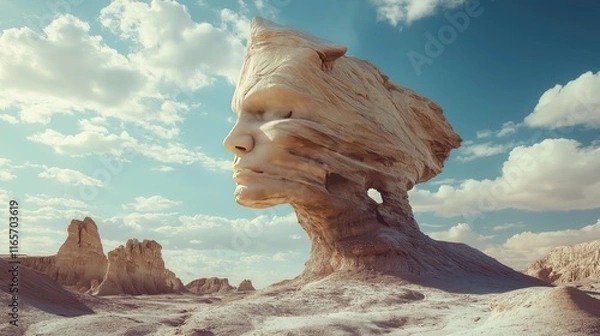 Fototapeta A human face is carved into a rock formation in a desert