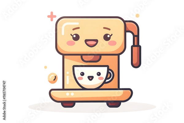 Fototapeta Cute Coffee Machine With Smiling Cup in Bright Cartoon Style