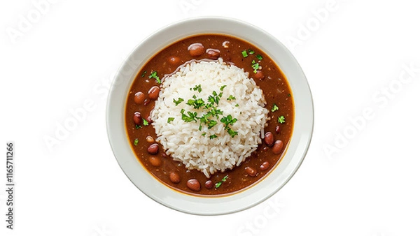 Fototapeta Red beans and rice, top-down view, cut out