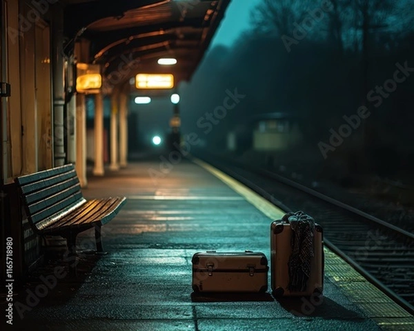 Fototapeta Empty train station platform at night with luggage and bench waiting for travelers
