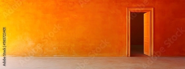 Fototapeta An orange wall with an open door, the door is in front of it, orange floor, orange walls, minimalist style