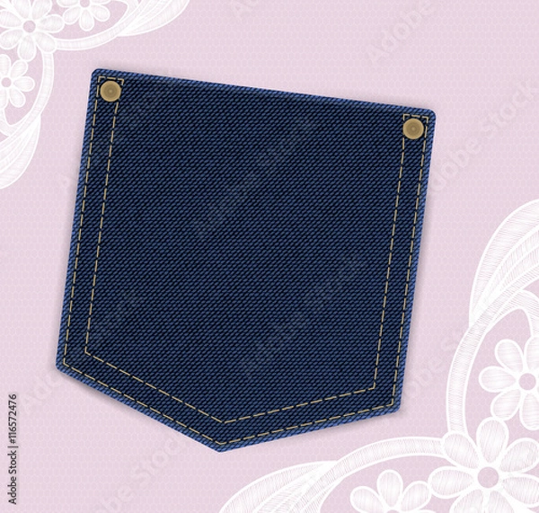 Obraz Denim jeans pocket with price or invitation label on the lace background. Vector illustration, EPS10