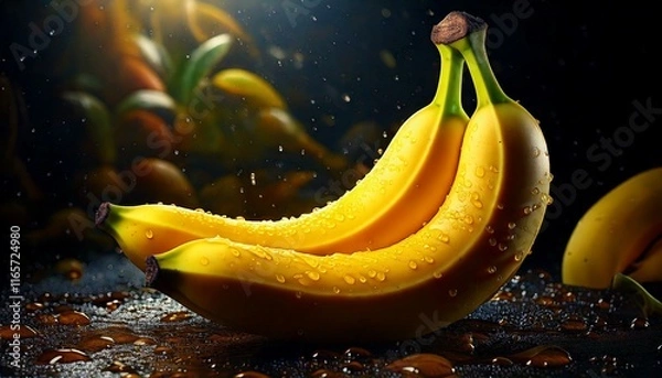 Fototapeta A detailed depiction of ripe bananas, highlighting their bright yellow hue and the intricate details of their peel.