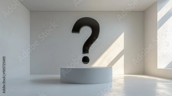 Fototapeta Sleek black question mark with chrome finish positioned on a circular platform in a minimalist white room