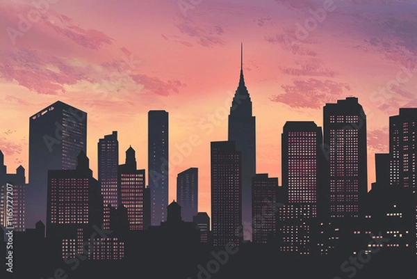 Fototapeta Silhouette of skyscrapers against a dusky sky
