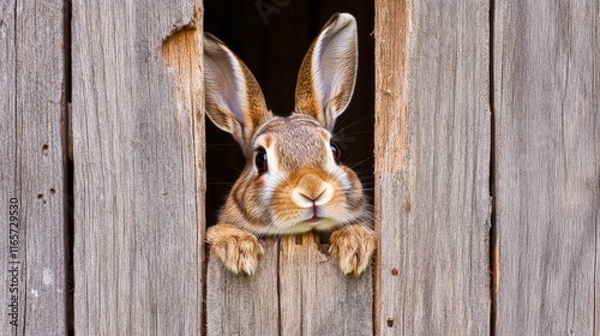 Fototapeta Curious Rabbit Peeking from Wooden Hideout in Garden