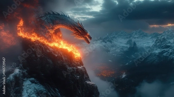 Fototapeta Mighty dragon breathes fire while perched on a jagged mountain cliff at twilight