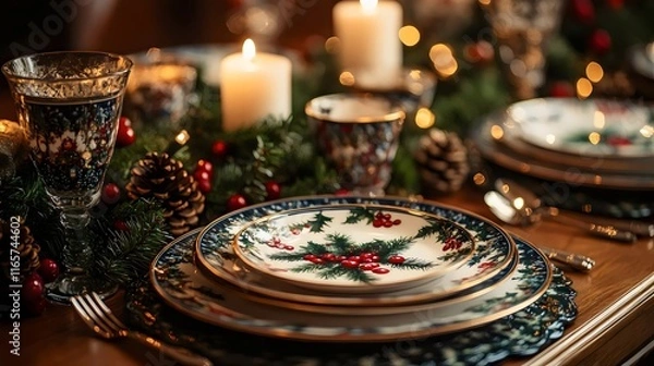 Fototapeta A table with a Christmas dinner set up with plates, silverware, and candles