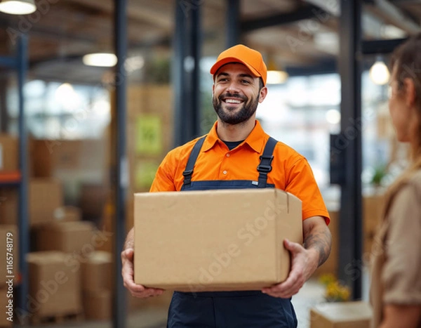Fototapeta Smiling delivery worker hands over package in a busy warehouse setting during daylight hours