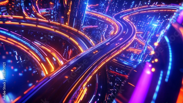 Obraz Aerial view of a futuristic city highway network at night, featuring bright, colorful light trails from fast-moving cars. The intricate design of overpasses, curving roads, and int