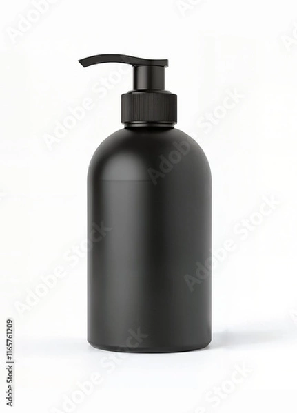 Fototapeta Black plastic bottle with pump dispenser for branding, Cosmetic bottle with pump mockup on isolated white background, 3d render illustration stock photo